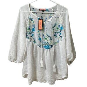 Anthropologie Olive Hill Embroidered Boho Peasant Floral‎ Tunic Top Sz Small NWT